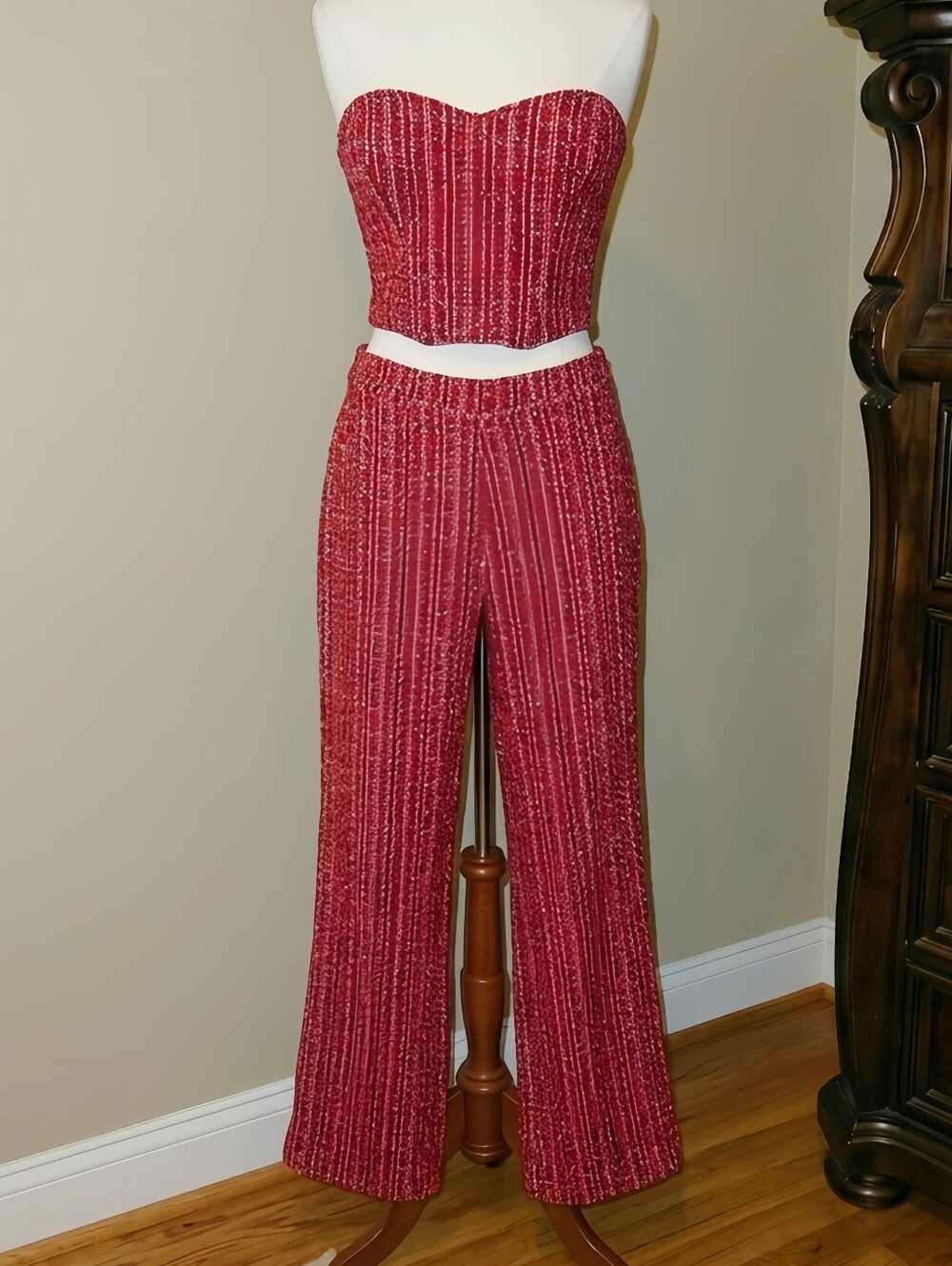 ❤️🖤🤍 Zara Red Two-Piece Tweed Corset Top & Pant Set
